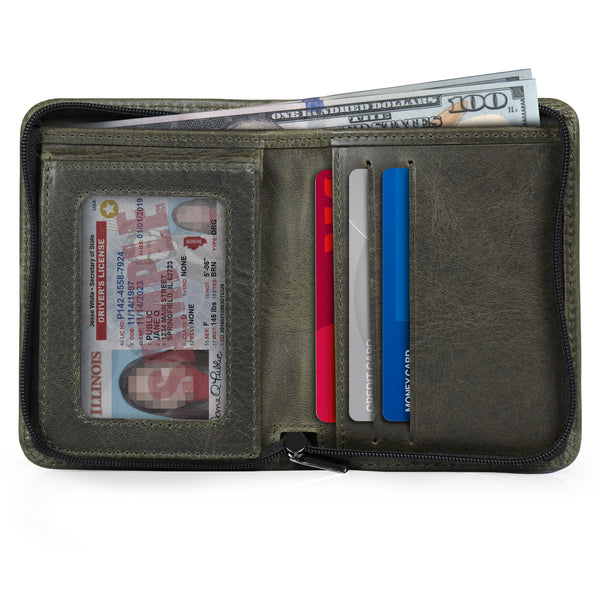 Otto Angelino RFID Blocking Men Zippered Bifold Wallet, Italian Top Grain Leather, Slim Travel Comfort, Credit Card Holder