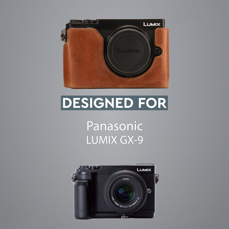 MegaGear Panasonic Lumix DC-GX9 Ever Ready Top Grain Leather Camera Half Case and Strap