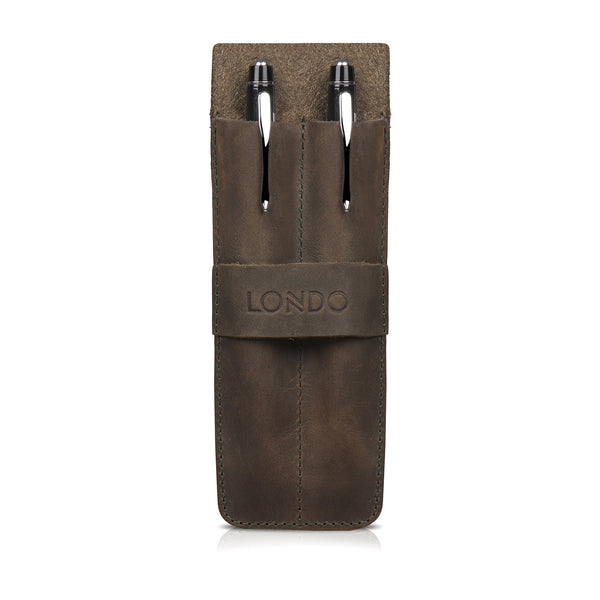 Londo Top Grain Leather Pen and Pencil Case with Tuck in Flap - Two Compartment