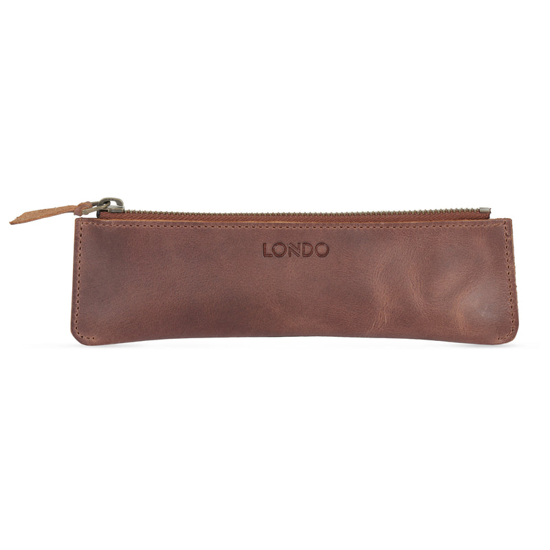 Londo Top Grain Leather Pen Case with Zipper Closure, Pencil Pouch Stationery Bag