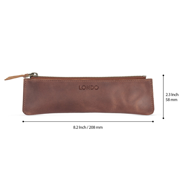 Londo Top Grain Leather Pen Case with Zipper Closure, Pencil Pouch Stationery Bag