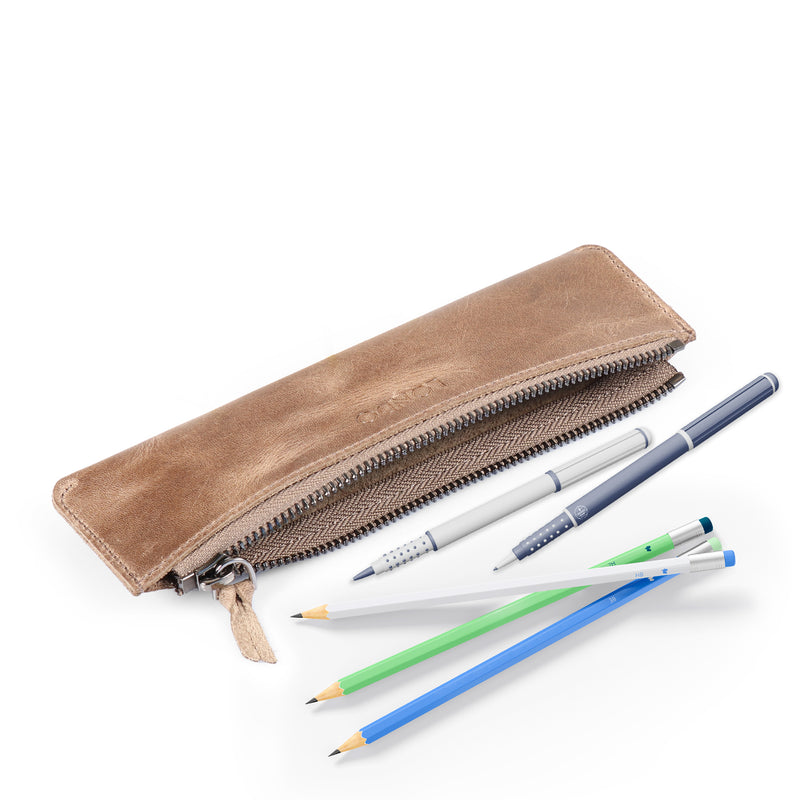 Londo Top Grain Leather Pen Case with Zipper Closure, Pencil Pouch Stationery Bag