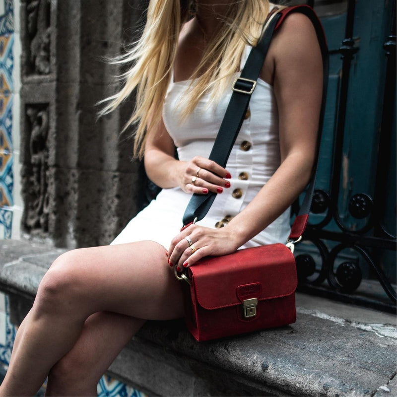 Women's Shoulder Bag Made of Grain Leather with Long Leather Shoulder Strap - Red